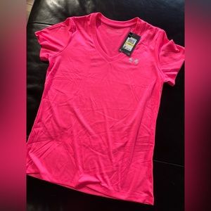 NEW Under Armour neon pink v neck short sleeve shirt gym workout dry fit